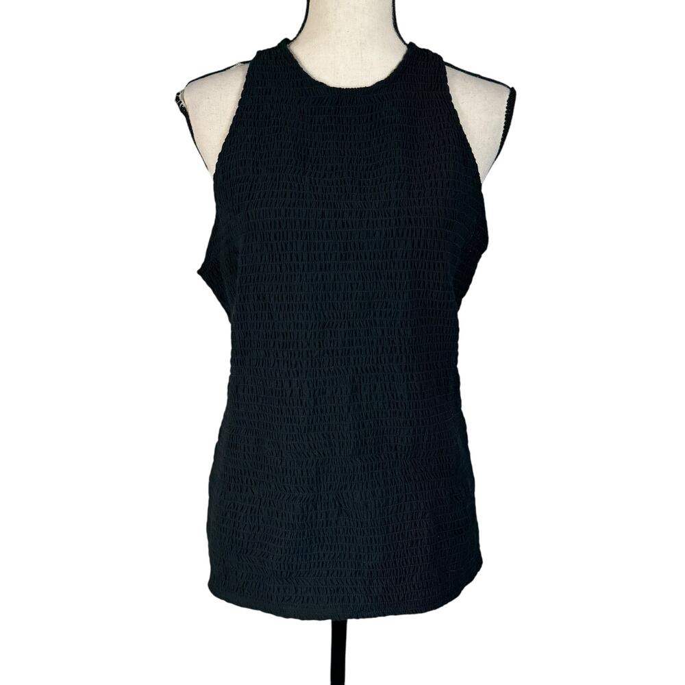 INC Large Smocked Top Sleeveless Stretch Round Neck Keyhole Pullover Black New